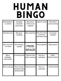 a printable human bingo game with the words free space in black and white on it