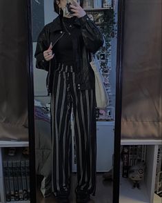 Goth Outfits With Leather Jacket, Goth Leather Jacket Outfit, Goth Cardigan Outfit, Goth Outfits Leather Jacket, Pinstripe Goth Outfit, Wednesday Addams Outfit, Edgy Fits, Tokyo Street Style, Goth Outfits