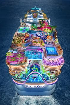 a large cruise ship in the middle of the ocean with lots of colorful decorations on it