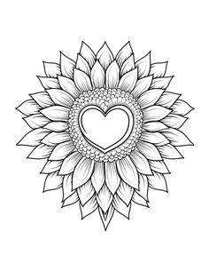 a black and white drawing of a sunflower with a heart in the center on it