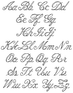 the upper and lowercase letters in cursive handwriting are all handwritten with black ink