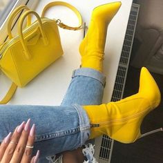 Step into the spotlight with our Yellow Lycra Tight Fashion Boots! 💛👢 These ankle boots with a stiletto heel are a bold fashion choice that demands attention. Embrace the vibrant color and make a statement with your style! 🔥 Stilletto Heel Boots, Luxury Yellow Boots For Fall, High Heel Sock Boots, Yellow Boots Heels, Stiletto Ankle Boots, Dancing Club, Pencil Heels, Party Dancing, Friday Christmas