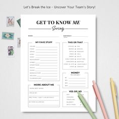 the printable get to know me survey is shown next to pencils and markers