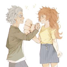 an older man and young woman fist bumping each other's fists while standing next to each other