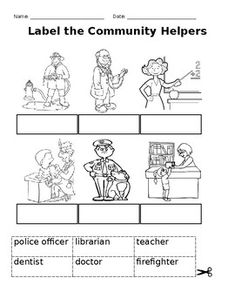 5 different types of cut/paste and labeling worksheets about common community helpers Community Helpers Police Officer, Community Helpers Police, Types Of Communities, Preschool Weekly Lesson Plans, Community Helpers Worksheets, Dentist Doctor, Kindergarten Addition Worksheets, Writing Support, Addition Kindergarten