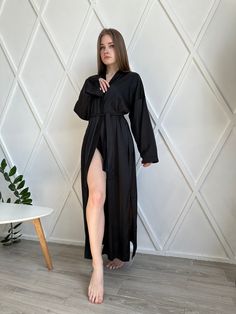 Welcome to my store https://www.etsy.com/shop/LaceForYouLingerie ❤️ An elegant long satin robe is the perfect outfit for home, for the bride's morning, for a photo shoot, or just to feel like a queen every day ! You can choose any of the possible colors. The robe is carefully and neatly, with love, sewn individually for each order. The default robe length is 130cm. But if you want to shorten or lengthen it within 10cm, just write to us about it. Material - light, delicate, flowing satin. SIZE✂️ Elegant Black Long Sleeve Sleepwear, Black Long Sleeve Sleepwear For Evening, Black Long Sleeve Party Sleepwear, Elegant Long Sleeve Evening Sleepwear, Elegant Long Sleeve Nightgown, Elegant Long Sleeve Nightgown For Loungewear, Long Black Evening Robe, Elegant Black Long Sleeve Nightgown, Black Long Evening Robe