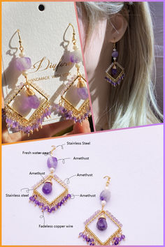 This earring is made of non-Tarnish copper wire and waterproof stainless steel, so it can be worn for swimming. The natural amethyst also makes this earring look very noble.#bohoearring#beachjewelry#wirejewelry#amethyst#dropearring#diyforu Summer At The Beach, Amethyst Gem, Handmade Wire Jewelry, Wire Wrapped Earrings, Skills To Learn, Bohemian Earrings, Handmade Wire, Your Beautiful, Boho Earrings