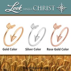 three different types of rings with the words look into christ on them in gold, silver, and rose gold