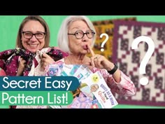 two older women are holding books with the words secret easy pattern list on them and one is