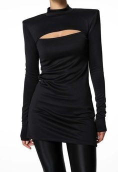 One size. fits xs-m  color: black  long sleeve  cutout neckline  shoulder pads  stretchy  mini length  48% rayon 44% nylon 8% spandex  dry clean  by the nkc store    product     measurements:  bust: 33.02-40.64cm / 13-16in  waist: 63.5-76.2cm / 26-30in  hips: 35.6-43.1cm / 14-17in  length: 82.5cm / 32.5in  sleeve length: 69.9cm / 27.5in    model is 175cm / 5'9" wearing size o / s Cutout Neckline, Outfits Fall, Black Long Sleeve, Shoulder Pads, Fall Outfits, Short Dresses, Black Dress, Dry Clean, Sleeve Length