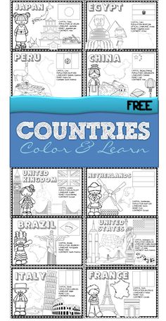 the free coloring page for countries is shown in blue and white with text that reads,