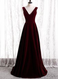 Wine Red Velvet V-neckline Simple Long Party Dress, Wine Red Bridesmaid Dress Wine Red Bridesmaid Dresses, Dark Red Prom Dress, Simple Formal Dress, Velvet Formal Dress, Velvet Evening Dress, Long Party Dress, Simple Bridesmaid Dresses, Red Bridesmaids, Red Bridesmaid Dresses