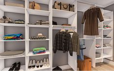 a walk in closet with white shelving and shelves filled with clothes, handbags and purses