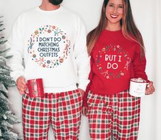 These Funny Couples Christmas Shirts will be perfect to wear during the Christmas Season! It would also make a great Christmas gift for your friends or family! Whether you need couples christmas pajamas or matching christmas shirta]s family to celebrate Christmas, New Years, or play Secret Santa together you will love the look of this adorable design. In order to get a set: Choose the right size > Choose the color (White for "I don't do", Red for "But I do") > Add to Cart > Repeat for the second Christmas Cotton Sleepwear, Christmas Pj Shirt Ideas, Couple Matching Christmas Pajamas, Matching Couple Christmas Pajamas, Matching Couples Pajamas, Couples Pyjamas, Christmas Pajamas Couples, Couple Christmas Pajamas, Matching Christmas Pajamas Couples