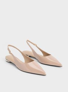 Nude Patent Pointed-Toe Slingback Flats | CHARLES & KEITH Charles And Keith Shoes, Charles And Keith, Nude Flats, Flat Heels, Nude Shoes, Wedding Flats, Slingback Flats, Faux Leather Heels, Slingback Shoes