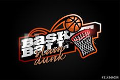 basketball ball and dunk logo design on black background with red, white and orange colors