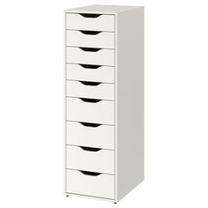 a tall white cabinet with five drawers