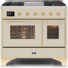 ILVE 40 Majestic II Dual Fuel Range with 6 Sealed Burners and Griddle - 3.82 cu. ft. Oven - Brass Trim in Antique White (UMD10FDNS3AWG) Ranges ILVE Freestanding Double Oven, Ilve Range, Double Oven Range, Freestanding Range, Kitchen Centerpiece, 6 Elements, Freestanding Cooker, Induction Range, Dual Fuel Ranges