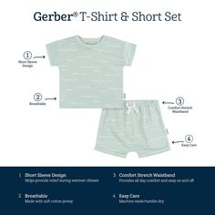 Made from 100% cotton for a soft and gentle fit on sensitive skin, this matching t-shirt and shorts set is the perfect choice for sunny day adventures. Designed for comfort, your little will love exploring the exciting world around them wherever the day takes you. With a comfort-stretch waistband on the shorts for an easy fit, and ribbing around the t-shirt neckline, your baby boy or toddler boy will be comfortable all day long. And for hassle-free care, simply toss this outfit in the washing ma Baby Boy T Shirt, Baby Size Chart, Washing Machine And Dryer, Gerber Baby, Cotton Sleepwear, Stylish Sweaters, Gentle Touch, Toddler Boy Outfits, Easy Dressing