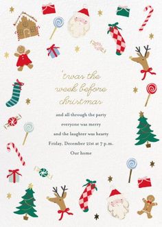 a christmas party card with santa, reindeers and candy canes in the center