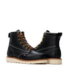 Style: 814-6201 **Please allow 2 weeks or longer for shipment.** Thorogood® American Heritage 6″ black moc toe work boots always put substance over style – but the black full-grain leather looks great too. Strong and durable, just like the person who wears them, these boots are up to the task and built to last. The six-inch shaft and fiberglass shank give you the support and flexibility you need when you’re on your feet all day, and the MAXWear Wedge™ slip-resistant outsole will help you stay on Black Moto Boots With Vibram Sole For Outdoor Work, Black Work Boots With Protective Metal Feet, Black Moc Toe Moto Boots For Outdoor, Black Rugged Waterproof Boots With Snip Toe, Black Work Boots For Outdoor Work With Round Toe, Rugged Black Waterproof Boots With Snip Toe, Black Round Toe Work Boots For Outdoor, Black Lace-up Moto Boots For Outdoor Work, Black Fall Work Boots With Vibram Sole