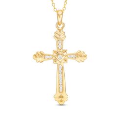 Beautifully detailed, this diamond cross pendant is an elegant symbol of faith. Crafted in 14K gold, this flared-end design is lined with sparkling channel-set diamonds. Radiant with 1/4 ct. t.w. of diamonds and a brilliant buffed luster, this cross suspends along an 18.0-inch cable chain that secures with a spring-ring clasp. Elegant Symbol, Diamond Cross Pendants, Diamond Cross, Channel Set, Diamond Stone, Diamond Clarity, Stone Settings, Necklace Designs, Spring Rings