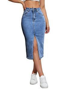 High Rise Fitted Denim Blue Skirt, Stretch Denim Knee-length Skirt, High Waist Solid Denim Skirt, High-waisted Denim Skirt, Casual High Rise Fitted Skirt, Fitted High Waist Denim Blue Skirt, Solid High-waist Denim Skirt, Medium Wash Fitted Knee-length Skirt, Fitted Trendy Denim Skirt