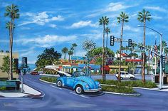 an oil painting of a blue car driving down the street in front of palm trees