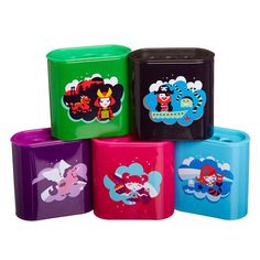 four different colored boxes with cartoon characters on them