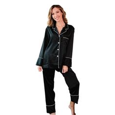 Satin Button Closure Machine Wash Long Sleeve Button Down Top & Long Elastic Drawstring Pants 2 Piece Pajama Set With Notch Neck Design And One Chest Pocket 95% Polyester 5% Spandex Bride & Braidmaids Night Pajama- Enjoy Bachelorette Bridal Party With Matching Cozy And Sexy Silk Pajama Set. Luxurious Satin Pajama Set For Women - Slip Into This Sexy Sleepwear For Women And Feel Your Best. Wear If For An Intimate Night And Lot Of Love. Made Of Satin, Pajama Sets Are Lightweight, Offering The Comfo Black Long Pants Pajama Party Set, Black Sleepwear Set With Long Pants, Black Sleep Sets With Long Pants, Black Long Pants Sleepwear, Black Nightgown With Built-in Bra For Loungewear, Black Sleepwear With Built-in Bra For Bedtime, Spring Sleepwear With Built-in Bra For Pajama Party, Elegant Black V-neck Sleepwear, Cotton Button-up Sleepwear For Pajama Party