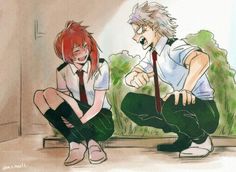 two anime characters are sitting on the ground