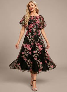 Floral Evening Dress, Floral Evening Dresses, Chiffon Evening Dress, Lace Evening Dress, Floral Silhouette, Floral Chiffon, Tea Length, Flutter Sleeve, Sweet 16