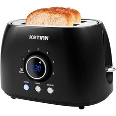 a black toaster with two slices of bread in it and the timer is on