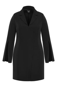 Full of modern polish, this sophisticated blazer-dress features sleek split sleeves. 39" length Notched collar Long sleeves with split cuffs Lined 95% polyester, 5% elastane Spot clean Imported Tailored Sleek Long Sleeve Blazer Dress, Modern Fitted Long Sleeve Blazer Dress, Sleek Tailored Long Sleeve Blazer Dress, Modern Fitted Blazer Dress For Office, Modern Long Sleeve Blazer Dress For Formal Occasions, Office Blazer Dress With Structured Shoulders, Sleek Long Sleeve Blazer Dress For Business, Sleek Tailored Blazer Dress For Office, Modern Long Sleeve Blazer Dress For Office