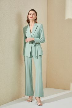 Mint Green Double Breasted Pantsuit Description: Peak lapels; front button blazer V-Neck, Long sleeves; button sleeves Structured shoulders. Chest welt pockets. V-Neck, Long sleeves; buttons Structured shoulders. Hip flap pockets Polyester 100% Imported Brand - Aision Model Number - 221005C1+P3 Mint Green Suits Women, Green Mint Outfit, Pastel Green Suit, Mint Green Outfit Ideas, Wedding Dresscode, Green Pantsuit, Green Suit Women, Pisces Style, Mint Green Fashion