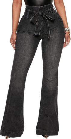 Crafted from high-quality black denim, these high-waisted jeans are designed for both style and comfort. The included belt cinches the waist for a flattering fit, while the versatile color makes them a staple piece in any wardrobe. Elevate your outfit game with these must-have jeans. 95% Polyester, 5% Elastane Brand Size Dress Bust Waist Hip XS 0-2 31-32.5'' 23-24'' 31-34" S 4-6 33-35'' 25-26'' 35-37" M 6-12 35-36'' 27-28'' 38-39" L 12-14 38-40'' 29-31'' 40-42" XL 14-16 40-42'' 33.5-36'' 44-46" 2XL 18-20 42"-44" 37"- 40" 47"-50" Black Flare Jeans For Workwear, Black Flare Jeans For Work With Belt Loops, Black Denim Flare Jeans With Belt Loops, Black Jeans With Belt Loops For Spring, Spring Black Jeans With Belt Loops, Chic Black Jeans With Belt Loops, Mid-rise Washed Black Flare Jeans With Belt Loops, High Waist Black Jeans With Belt Loops, Chic High Waist Flare Jeans In Washed Black