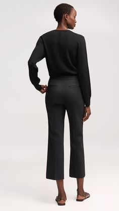 Made of seasonless Italian wool, this versatile pant fits slim through the thigh with a subtle flare and ankle length inseam. Functional details include an exterior credit card pocket, side pockets, and back welt pockets. Pairs well with the Piped Blazer or a casual top. Womens Wool Pants, Slim Blouse, Good To See You, Kick Flares, Flare Trousers, Casual Top, Welt Pockets, Get Dressed, Workout Pants