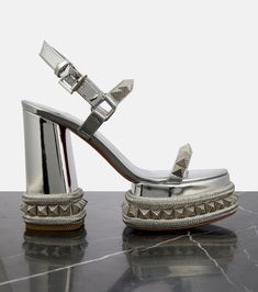 Egyptian Architecture, Louboutin Online, Silver Platforms, Latest Sandal, Christian Louboutin Women, Silver Sandals, Leather Platform Sandals, Slingback Sandal, Ankle Straps