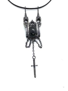 Cathedral And Black Onyx Scrying Necklace Bronze – Julian The 2nd Bronze Pendant Jewelry, Floating Palace, Castles In The Sky, Dark Mirror, Scrying Mirror, Castle In The Sky, Pendant With Chain, Bronze Pendant, Green Onyx