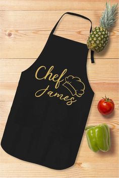 an apron with the words chef james on it next to peppers and pineapples