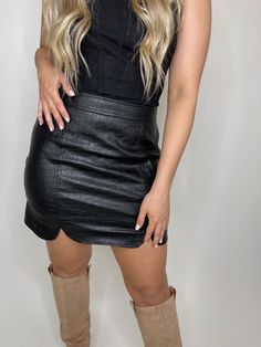 The Chloe faux leather mini skirt is the easiest way to dress up any outfit! It features a croc print with a super cute scallop detailed hemline! This skirt pairs well with sweaters, cardigans, bodysuits, blazers, you name it! This black faux leather skirt is such a wardrobe staple, you will be grabbing it all year long! 55% Polyurethane, 45% Viscose Color: Black Faux leather Croc print Mini skirt length Scallop detailed hemline Back zip-up closure True to size Wash cold, hang to dry *5'5" - Bus Mini Skirt Black, Print Mini Skirt, Faux Leather Mini Skirt, Croc Print, Leather Mini Skirt, Faux Leather Skirt, Color Block Sweater, Leather Mini Skirts, Skirt Black