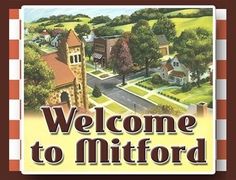 the welcome sign to mitford is in front of a red and white checkered background