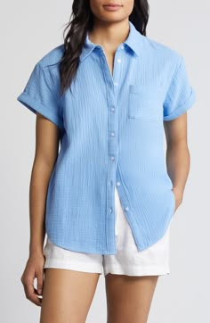 Caslon® Cotton Gauze Camp Shirt | Nordstrom Light Summer Outfits, Muted Summer, 12 Blueprints, Style Essence, Summer Blues, Blue Cornflower, Colour Analysis, Camp Shirt, Summer Blue