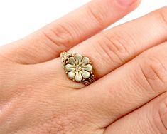 Heirloom 14k Gold Flower Ring With Rose Cut Diamonds, Vintage Flower Shaped Jewelry With Rose Cut Diamonds, Victorian 14k Gold Flower Ring Gift, Victorian 14k Yellow Gold Flower Ring, Victorian Style 14k Yellow Gold Flower Ring, Victorian Style Hallmarked Yellow Gold Flower Ring, Heirloom 14k Gold Flower Ring With Gemstone, Antique Yellow Gold Flower Ring For Gift, Heirloom Flower Ring With Prong Setting