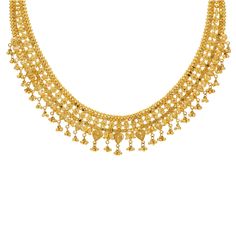 Our 22K Yellow Gold Candra Necklace Set is demure, classy, and chic. This ultra feminine 22k gold necklace and earring set for women has a traditional Indian design and style that can elevate both your cultural or casual attire. Features• Virani signature 22K yellow gold.• Beaded details. Specifications• Minimum Necklace Width - 10 millimeters • Maximum Necklace Width - 20 millimeters• Necklace Length - 16 inches• Minimum Earring Width - 6 millimeters • Maximum Earring Width - 13 millimeters• Ea Traditional Yellow Gold Cutdana Necklace, Luxury Yellow Gold Traditional Beaded Necklace, Elegant Yellow Gold Tilla Necklace, Ornate 22k Yellow Gold Temple Necklace, Luxury 22k Gold Hand-set Necklace, 22k Gold Necklace, Ultra Feminine, Gold Bead Necklace, Necklace And Earring Set