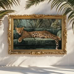 ☆ Leopard on emerald velvet sofa  Available in square sizing as well as rectangle to fit frame All posters are printed on a high-quality Matte, poster. All posters are carefully rolled and shipped in mailing tubes. (Print Only, frame not included) Bedroom Palm Tree, Jungle Apartment Decor, Vintage Leopard Print, Leopard Canvas Painting, Leopard Aesthetic Vintage, New Orleans Decor Interiors, Leopard Print Room Decor, Leopard Living Room Ideas, Old Florida Decor Interior Design