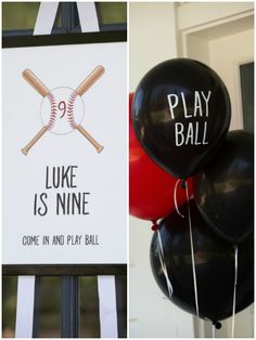 some balloons that are in front of a sign with baseballs on it and the words play ball