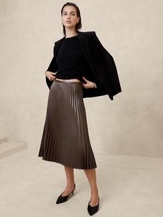 Vegan Leather Pleated Midi Skirt | Banana Republic Factory Fitted Leather Pleated Skirt, Leather Pleated Skirt For Night Out, Chic Pleated Leather Bottoms, Chic Leather Pleated Skirt For Fall, Sleek Relaxed Skirt For Fall, Sleek Lined Skirt For Fall, Sleek Relaxed Fall Skirt, Relaxed Fall Skirt, Chic Formal Pleated Skirt For Fall