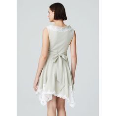 Freya dress features a soft pastel green hue with delicate white pinstripes, creating a refined and timeless look. The bodice is adorned with a charming scalloped lace trim around the neckline, adding a touch of femininity. The dress has an asymmetrical hemline, embellished with intricate white lace cutouts that offer a playful yet elegant flair.  74% polyester; 23% viscose; 3% elastane  30°C Machine Wash Dry Clean Do not Tumble Dry Feminine Green Dresses With Lace Trim, Feminine Green Dress With Lace Trim, Elegant Fitted Light Green Dress, Elegant Sleeveless Light Green Dress, Elegant Light Green Dress For Garden Party, Green Knee Length Dress, Lace Cutout, July Birthstone Jewelry, Gifts For New Mums