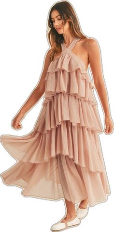 Chic Dresses With Ruffles And Strappy Back, Chic Ruffled Dress With Strappy Back, Strappy Back Ruffle Dress For Brunch, Chic Brunch Dress With Crisscross Straps, Chic Dress With Crisscross Straps For Brunch, Chic Spring Dress With Strappy Back, Chic Spring Backless Dress With Crisscross Straps, Chic Spring Midi Dress With Crisscross Straps, Spring Strappy Back Dresses For Date Night